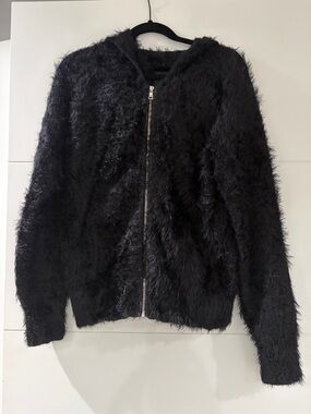 NWOT RtA Fuzzy Imported Nylon Zip Hoodie Jacket in Black, Men’s Small & Stretchy